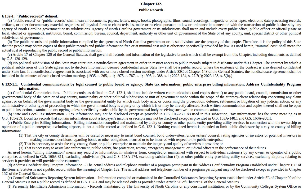 North Carolina Chapter 132 arrest information statute