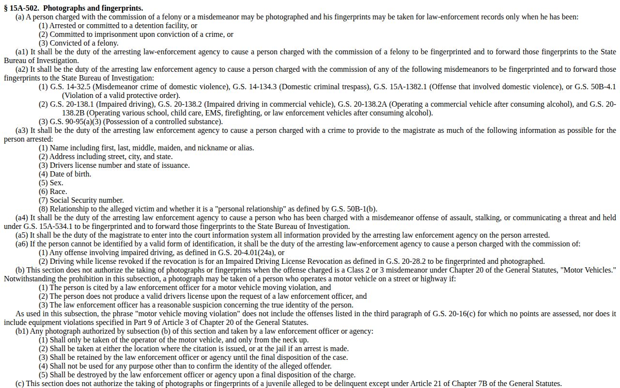 North Carolina General Statute 15A-502 arrest photograph rules